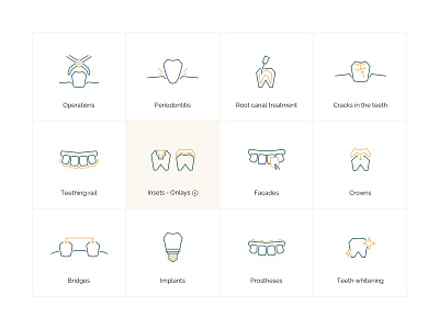 Service icons for a dental clinic beige blue branding dental dentist design health icon iconography icons iconset illustration service sketch vector yellow