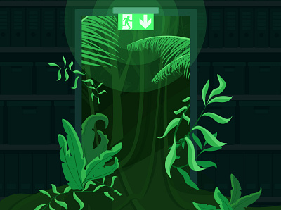 Escape "Exit" - escaping the office realms exit forest graphic design illustration office tropics