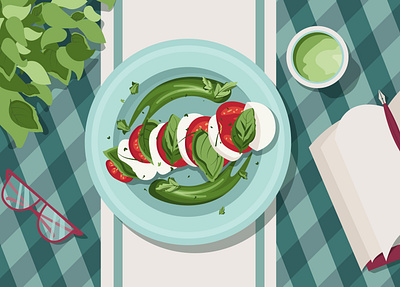 A caprese salad and a delicious matcha book coffee dinner drink food illustration lunch plant salad