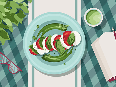 A caprese salad and a delicious matcha book coffee dinner drink food illustration lunch plant salad