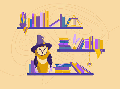 Owl on the bookshelf - colour trio books bookshelf harry potter magic owl wizard wizardy