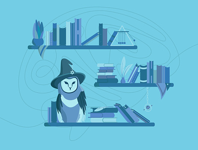 Owl on the bookshelf - monochrome books bookshelf brain harry potter illustration magic monochrome owl wizard