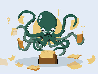 Octopus - writer animal books character glasses illustration octopus typing writer