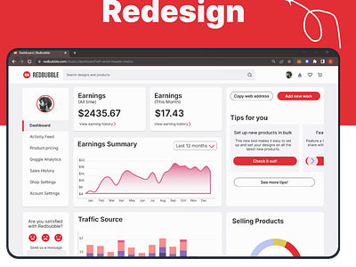 Redbubble Dadhboard Redesign dashboard design product design product designer ui design uiux