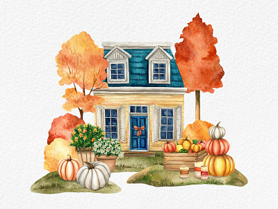 Autumn House autumn house illustration landscape watercolor