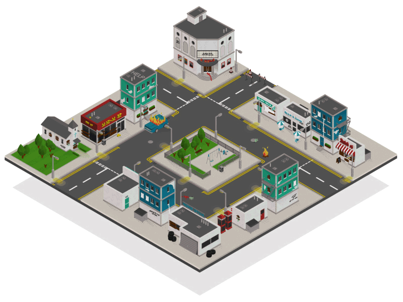 Isometric Zombie City animation buildings city debut flat illustration isometric landscape motion scene vector zombie