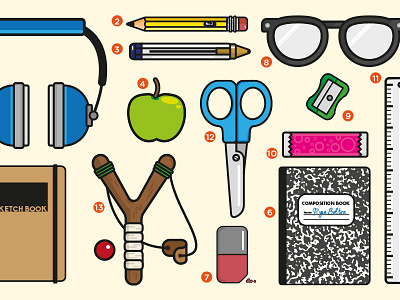 Back to School eraser glasses headphones pen pencil school scissors slingshot vector