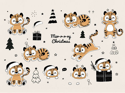 Christmas tiger clipart baby characters christmas clipart design illustration kids new year tiger vector
