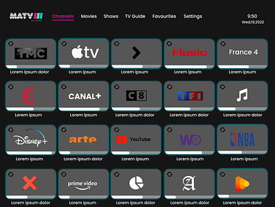 MATV : Channels Page adobe xd android app channel page design figma graphic design matv app mobile app ui ux design uiux video app web design