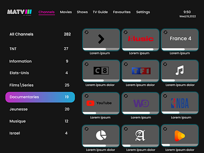 MATV : Channel list Page adobe xd android app channel list page design figma graphic design matv app mobile app ui ux design uiux video app web design
