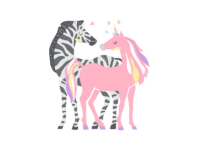Beautiful cute pink unicorn and zebra fairytale