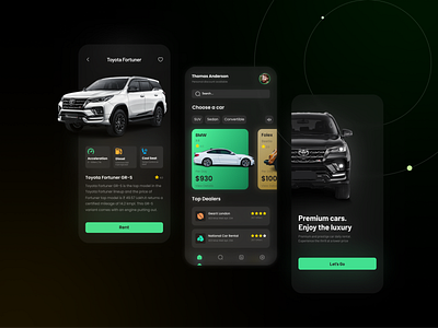 Car Rental App Concept app booking car clean dark darktheme design glass glassmorphism minimal mobile app mobiledesign. rent rent car rentcar ui ui design uiux ux vehicle