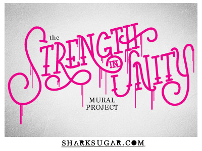 Strength in UNITY beach magenta mural pink sandy relief script surf