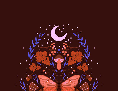 Magical moth in autumn night autumn butterfly celestial dark fall forest fungus illustration magic moon moth mushrooms mystical nature night woodland woods