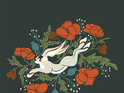 Rabbit in poppies garden autumn berries bunny fall flowers forest green hare illustration leaves nature plants poppies rabbit whimsical woodland woods