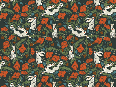 Hares in poppies garden seamless pattern animals autumn berries bunny dark fall fauna floral flowers forest hares pattern plants poppies poppy rabbit seamless