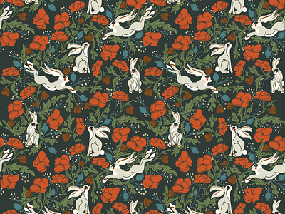 Hares in poppies garden seamless pattern