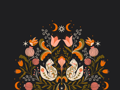 Little foxes in autumn night garden animal autumn celestial fall flowers folk folklore forest fox illustration leaves night scandinavian