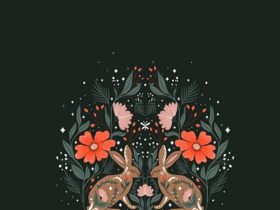 Hares with flowers and folky elements bunny celestial design flowers folklore folky forest hares illustration nature plants poppies rabbit scandinavian stars symetrical whimsical