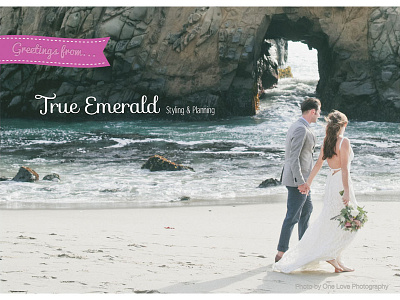 Postcard design for True Emerald beach photo pink postcard white