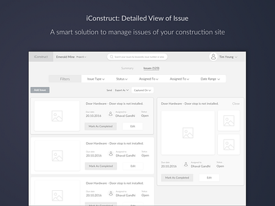 iConstruct: Detailed View Of Construction Issue best construction design easy enterprise list of issues simple site user experience ux wireframe