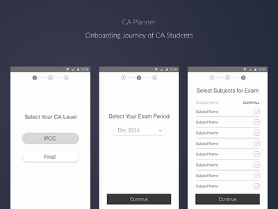 Onboarding Journey of CA Students (CA Planner Android App) android app best chartered accounts design india mobile onboarding planner student ux wireframe