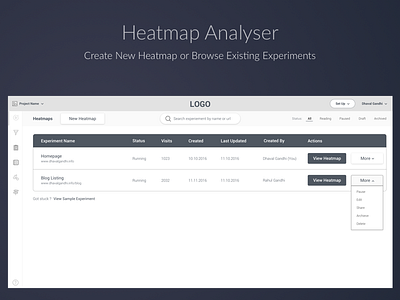Heatmap Analyser: Create New Heatmap or Explore Expriments analysis best design heatmap india list user experience ux web wireframe