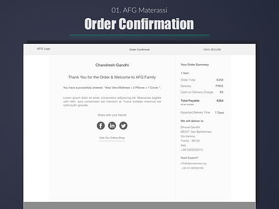 AFG Materassi - Order Confirmation / Thank You Page best buying journey design designer ecommerce india information architecture purchase journey user experience ux wireframes