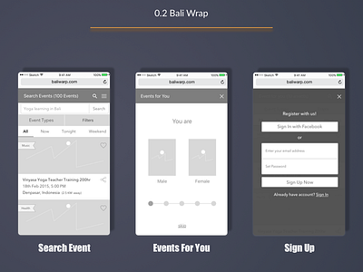 Bali Wrap - Search Event, Events for You & Sign Up Screens best design designer events mobile portfolio tourism travel user experience ux wireframes