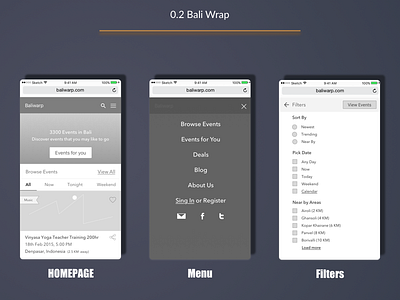 Bali Wrap - Homepage, Menu and Filters Screens