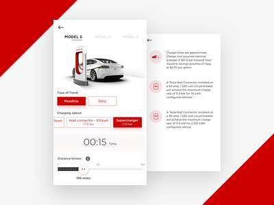 Tesla charge estimator App concept auto automotive cars charge electric numbers red tesla