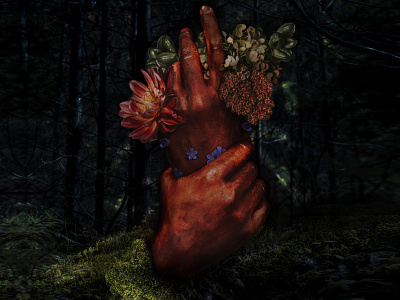 Collage with hand and butterfly, a little scary mood background blood butterfly collage design flowers forest hands illustration photo photohop print scary typography