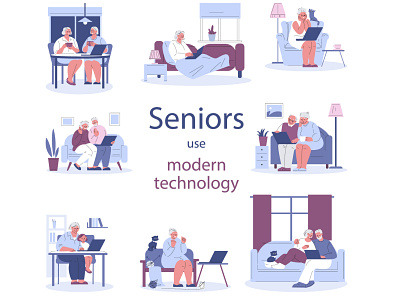Set of modern seniors with laptop.