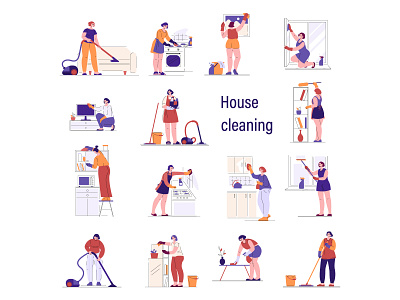 A set of vector illustrations about a woman cleaning the house.