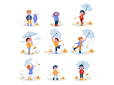 Cute smiling kids with umbrellas in rubber boots in the rain. v character design flat graphic design illustration kid people vector