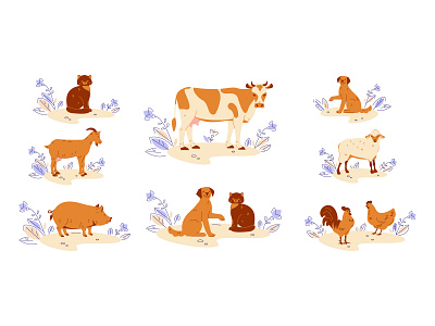 Farm animals set in flat style. animals branding character flat graphic design illustration ve vector