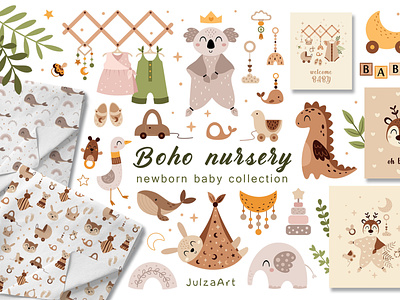 Bohemian nursery collection, Newborn baby clipart & pattern