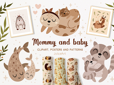 Mother and baby animals collection animal clipart animals baby animals baby illustration baby shower bohemian animal boho animals boho clipart clipart digital paper mom and baby mommy and me mother and baby mothers day nursery printable seamless pattern vector woodland animals
