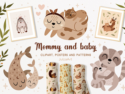 Mother and baby animals collection animal clipart animals baby animals baby illustration baby shower bohemian animal boho animals boho clipart clipart digital paper mom and baby mommy and me mother and baby mothers day nursery printable seamless pattern vector woodland animals