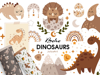 Boho dinosaur clipart & patterns