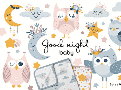 Good night baby clipart & patterns baby design baby illustration baby shower bird celestial cloud clipart digital paper good night moon and stars moon clipart nursery printable owl pattern owl vector scandinavian clipart seamless pattern star clipart sweet dreams