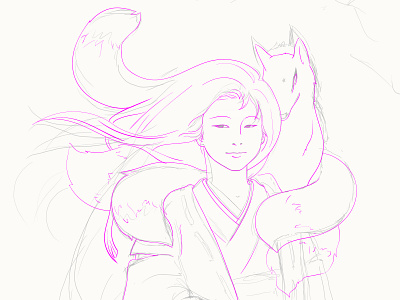 San Kitsune brush illustration inking