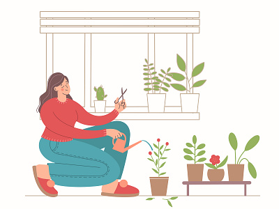 Young woman takes care of indoor plants vector