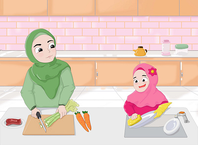 Happy Cooking art child cooking design digital family graphic design happy hijab iftar illustration kareem marhaban moslem mubaraak ramadhan religion vector