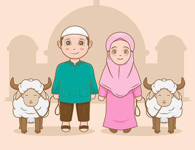 Moslem Couple Eid al-adha al adha art celebration cute day design digital eid graphic design green illustration moslem mubarak pink vector