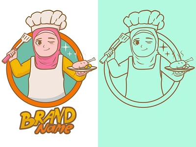 Chef muslimah brand logo illustration branding cartoon cute digital food graphic design hijab illustration kitchen logo menu muslimah restaurant vector