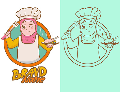 Chef muslimah brand logo illustration branding cartoon cute digital food graphic design hijab illustration kitchen logo menu muslimah restaurant vector