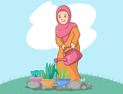 Muslim woman watering the plants care cartoon design digital flower garden graphic design illustration muslim simple vector water women