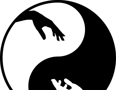 Yin and yang with black and white reaching out hands balance black and white circle day death female illustration life male night yin and yeng yin yeng