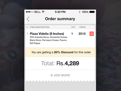 Pizza Delivery app shopping cart UI